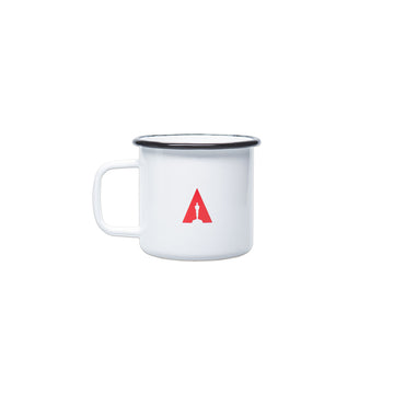 White enamel cup with red Oscars logo and black rim